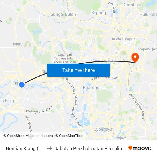 Hentian Klang (Bsn) (Bd580) to Jabatan Perkhidmatan Pemulihan Perubatan, PPUKM map