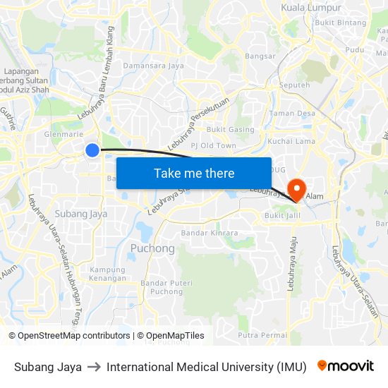 Subang Jaya to International Medical University (IMU) map