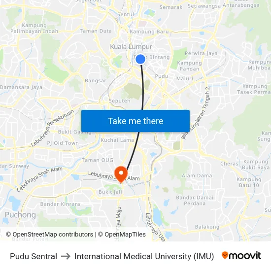 Pudu Sentral to International Medical University (IMU) map