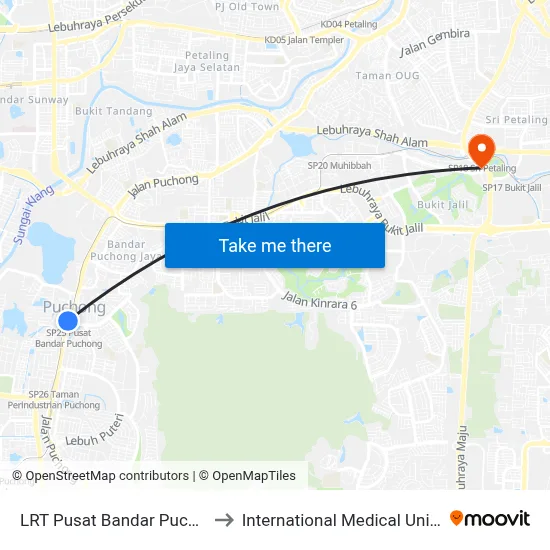 LRT Pusat Bandar Puchong (Sj735) to International Medical University (IMU) map