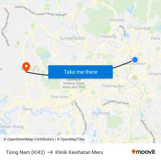 Tiong Nam (Kl42) to Klinik Kesihatan Meru map