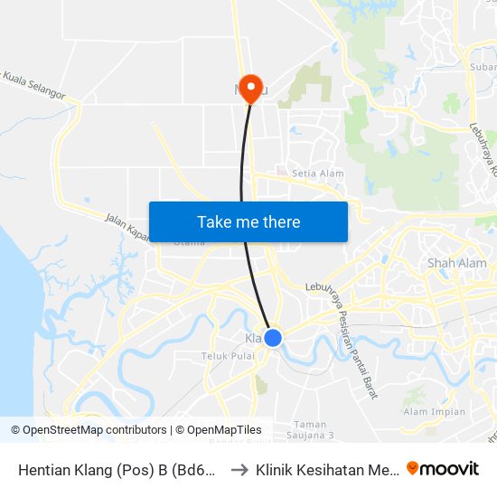 Hentian Klang (Pos) B (Bd664) to Klinik Kesihatan Meru map