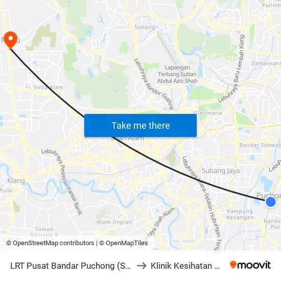 LRT Pusat Bandar Puchong (Sj735) to Klinik Kesihatan Meru map