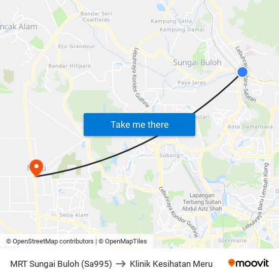 MRT Sungai Buloh (Sa995) to Klinik Kesihatan Meru map