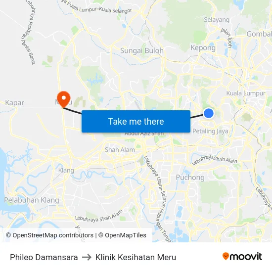 Phileo Damansara to Klinik Kesihatan Meru map