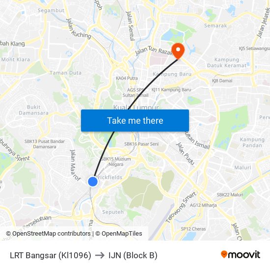 LRT Bangsar (Kl1096) to IJN (Block B) map