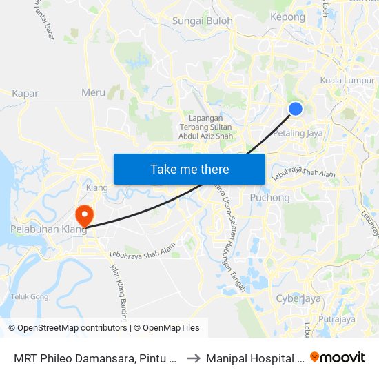MRT Phileo Damansara, Pintu A (Pj823) to Manipal Hospital Klang map