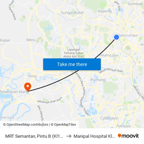 MRT Semantan, Pintu B (Kl1174) to Manipal Hospital Klang map