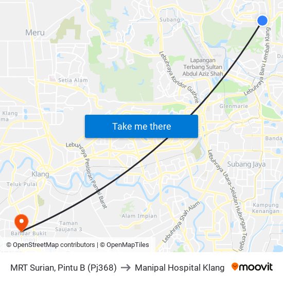 MRT Surian, Pintu B (Pj368) to Manipal Hospital Klang map