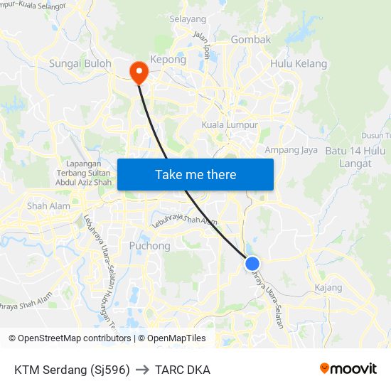 KTM Serdang (Sj596) to TARC DKA map