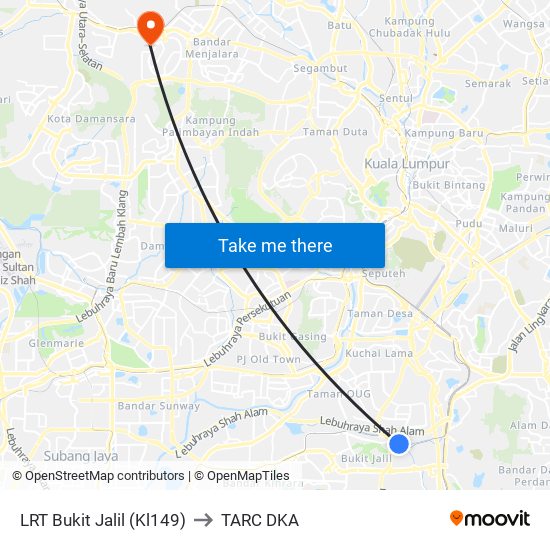 LRT Bukit Jalil (Kl149) to TARC DKA map