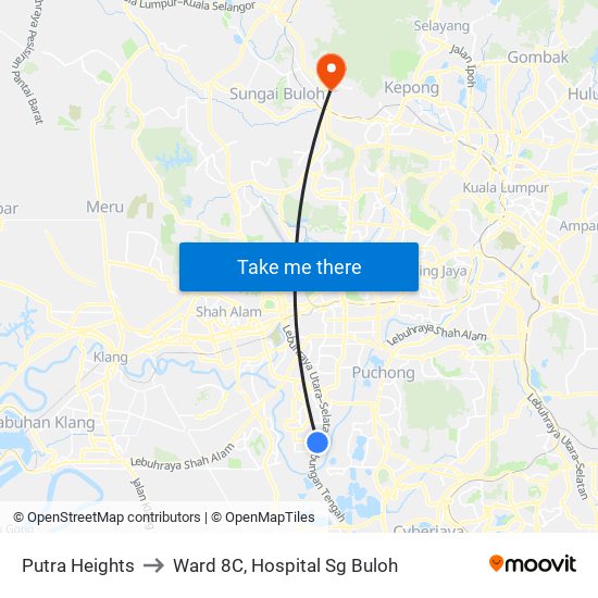 Putra Heights to Ward 8C, Hospital Sg Buloh map