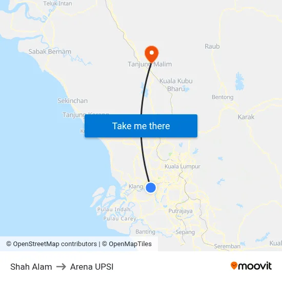 Shah Alam to Arena UPSI map