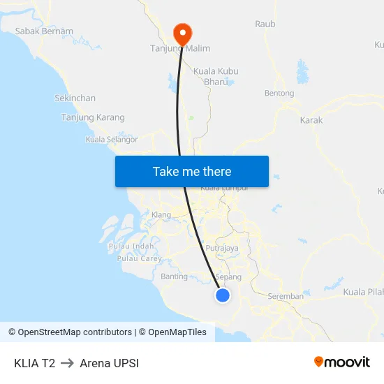 KLIA T2 to Arena UPSI map