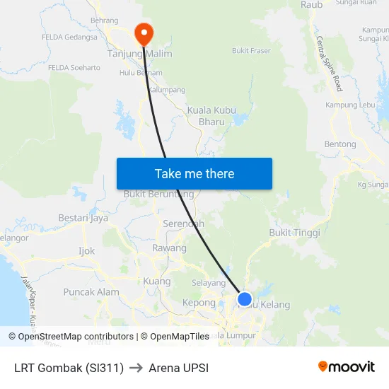 LRT Gombak (Sl311) to Arena UPSI map