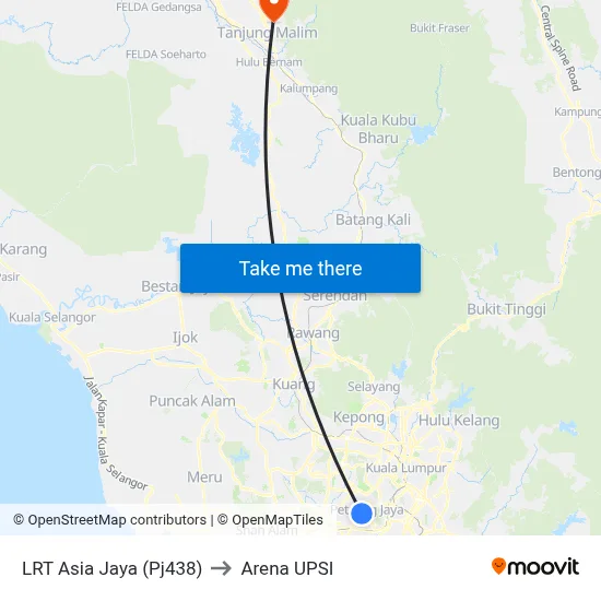 LRT Asia Jaya (Pj438) to Arena UPSI map