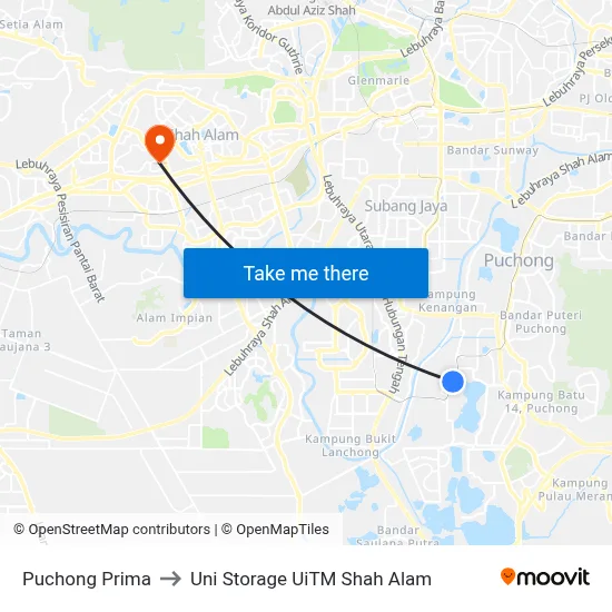 Puchong Prima to Uni Storage UiTM Shah Alam map