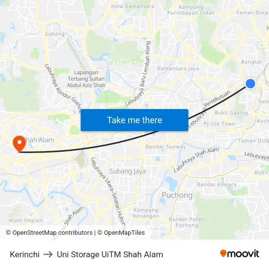 Kerinchi to Uni Storage UiTM Shah Alam map