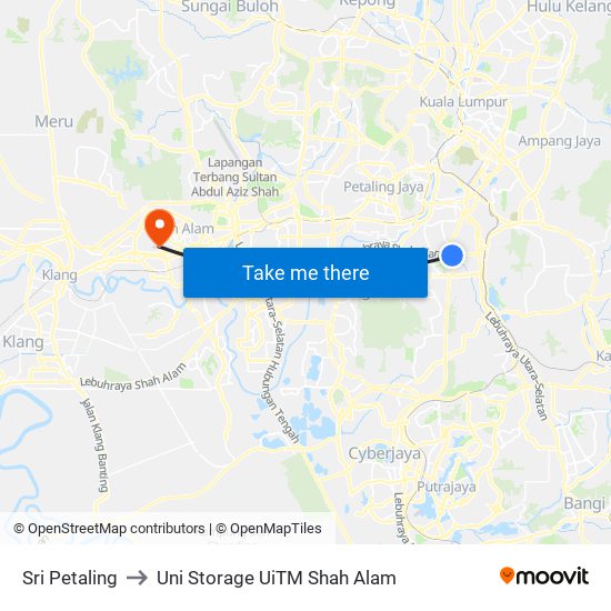 Sri Petaling to Uni Storage UiTM Shah Alam map