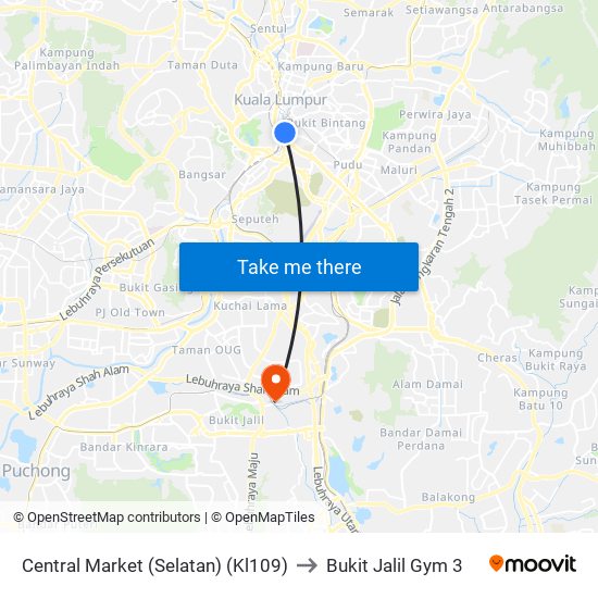 Central Market (Selatan) (Kl109) to Bukit Jalil Gym 3 map