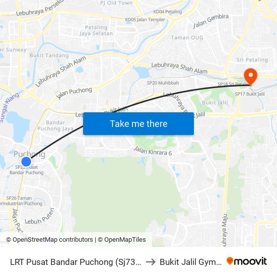 LRT Pusat Bandar Puchong (Sj735) to Bukit Jalil Gym 3 map