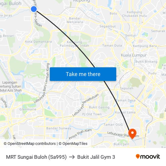 MRT Sungai Buloh (Sa995) to Bukit Jalil Gym 3 map