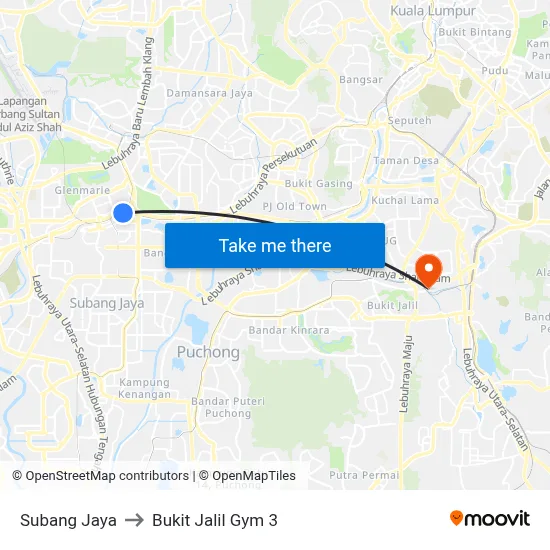 Subang Jaya to Bukit Jalil Gym 3 map