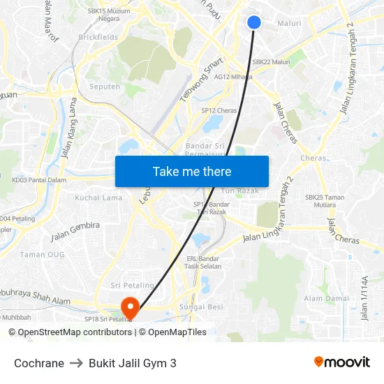Cochrane to Bukit Jalil Gym 3 map