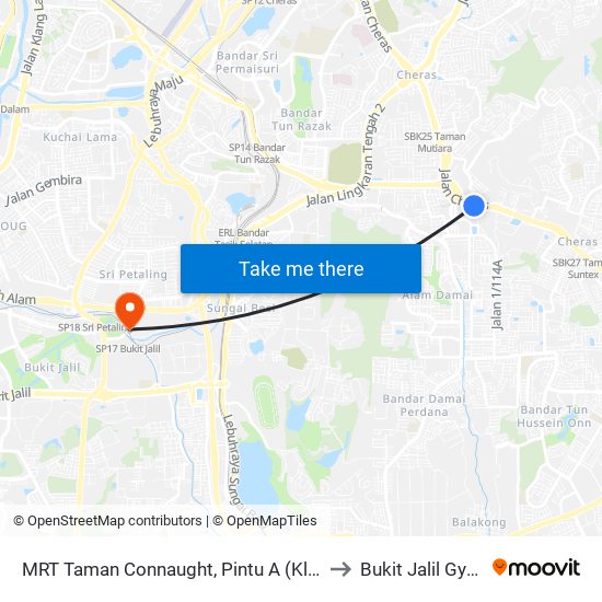 MRT Taman Connaught, Pintu A (Kl1792) to Bukit Jalil Gym 3 map