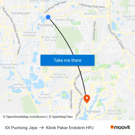 IOI Puchong Jaya to Klinik Pakar Endokrin HPJ map