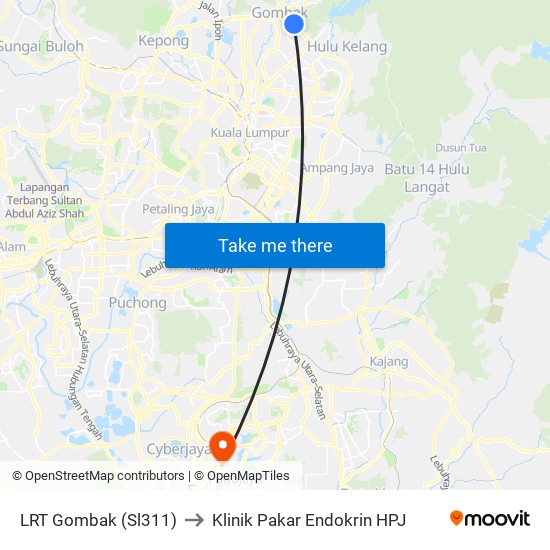 LRT Gombak (Sl311) to Klinik Pakar Endokrin HPJ map