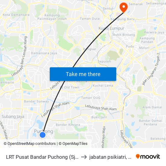 LRT Pusat Bandar Puchong (Sj735) to jabatan psikiatri, HKL map