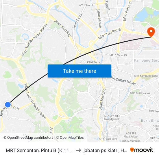 MRT Semantan, Pintu B (Kl1174) to jabatan psikiatri, HKL map