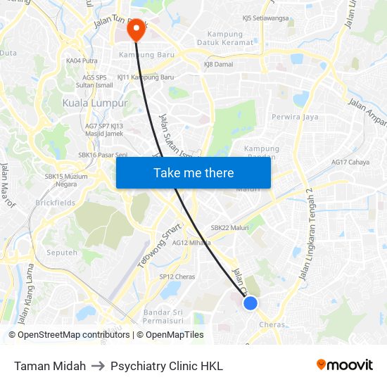 Taman Midah to Psychiatry Clinic HKL map