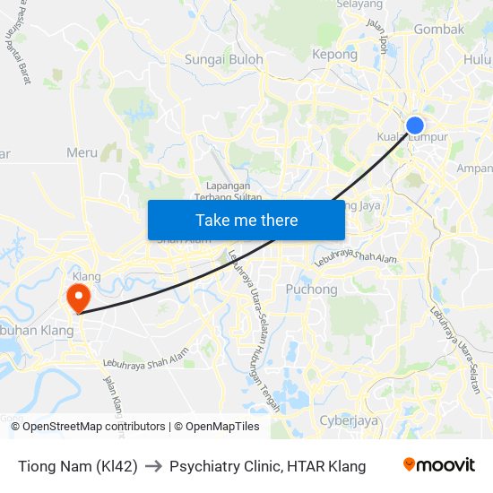 Tiong Nam (Kl42) to Psychiatry Clinic, HTAR Klang map