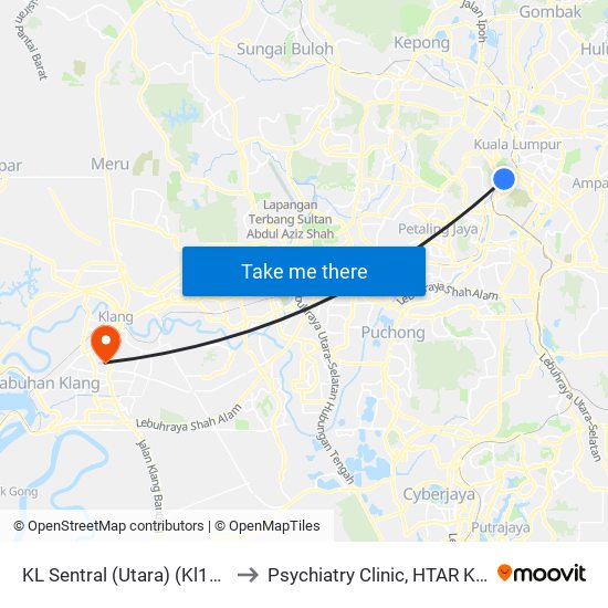 KL Sentral (Utara) (Kl1077) to Psychiatry Clinic, HTAR Klang map