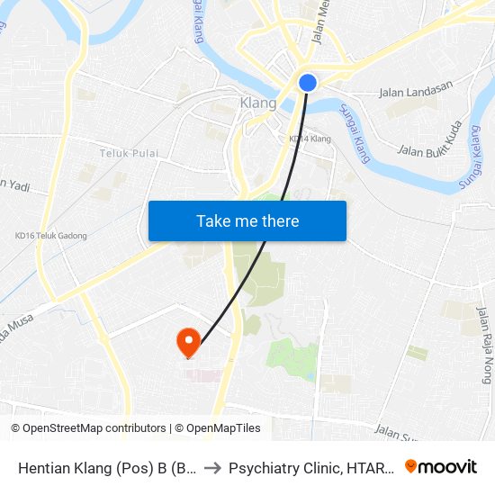 Hentian Klang (Pos) B (Bd664) to Psychiatry Clinic, HTAR Klang map