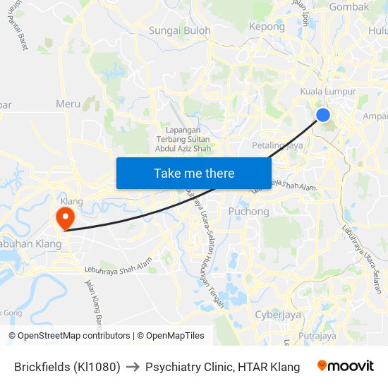 Brickfields (Kl1080) to Psychiatry Clinic, HTAR Klang map