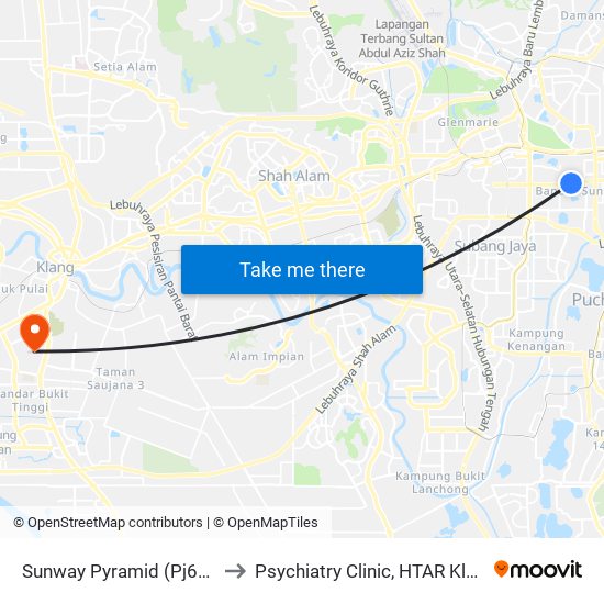 Sunway Pyramid (Pj615) to Psychiatry Clinic, HTAR Klang map