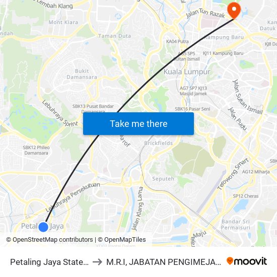 Petaling Jaya State (Utara) (Pj433) to M.R.I, JABATAN PENGIMEJAN HOSPITAL PUSRAWI map