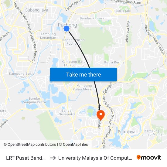 LRT Pusat Bandar Puchong (Sj735) to University Malaysia Of Computer Science & Engineering (Unimy) map