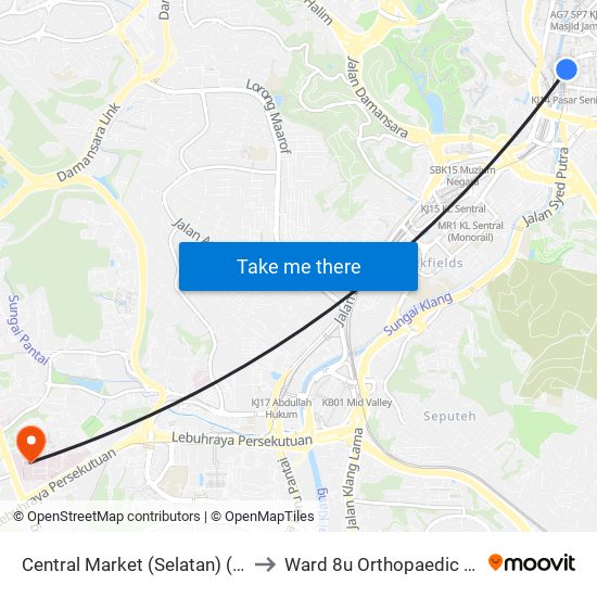 Central Market (Selatan) (Kl109) to Ward 8u Orthopaedic PPUM map