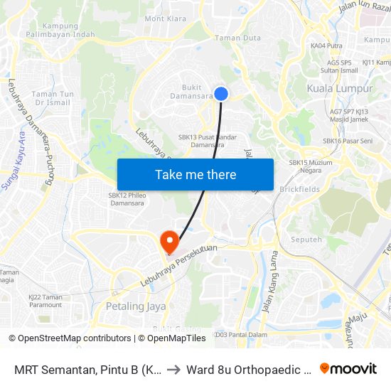 MRT Semantan, Pintu B (Kl1174) to Ward 8u Orthopaedic PPUM map