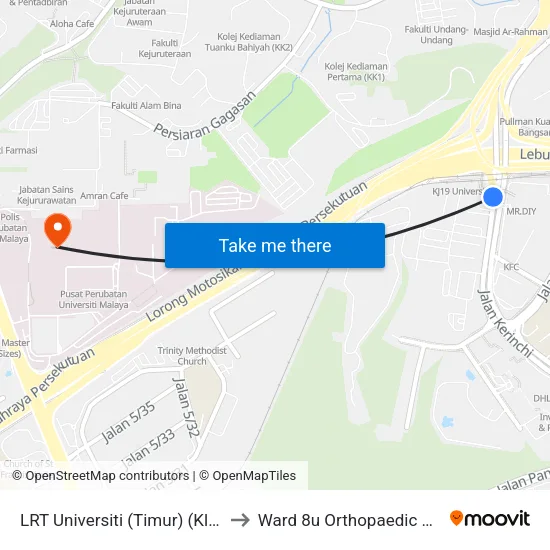LRT Universiti (Timur) (Kl1440) to Ward 8u Orthopaedic PPUM map