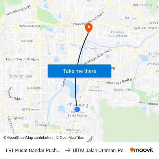 LRT Pusat Bandar Puchong (Sj735) to UiTM Jalan Othman, Petaling Jaya map