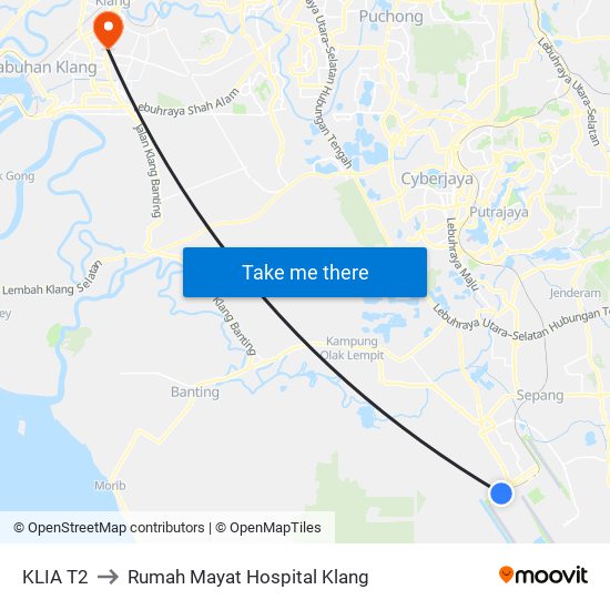 KLIA T2 to Rumah Mayat Hospital Klang map