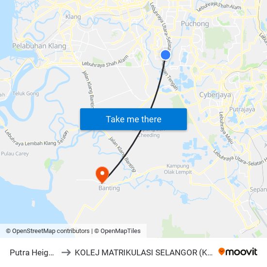 Putra Heights to KOLEJ MATRIKULASI SELANGOR (KMS) map