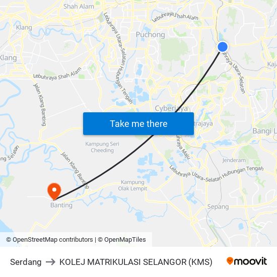 Serdang to KOLEJ MATRIKULASI SELANGOR (KMS) map