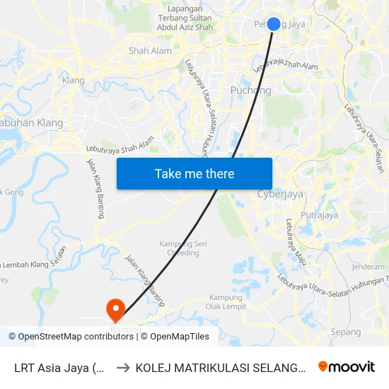 LRT Asia Jaya (Pj438) to KOLEJ MATRIKULASI SELANGOR (KMS) map