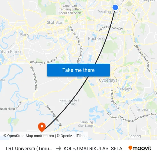 LRT Universiti (Timur) (Kl1440) to KOLEJ MATRIKULASI SELANGOR (KMS) map